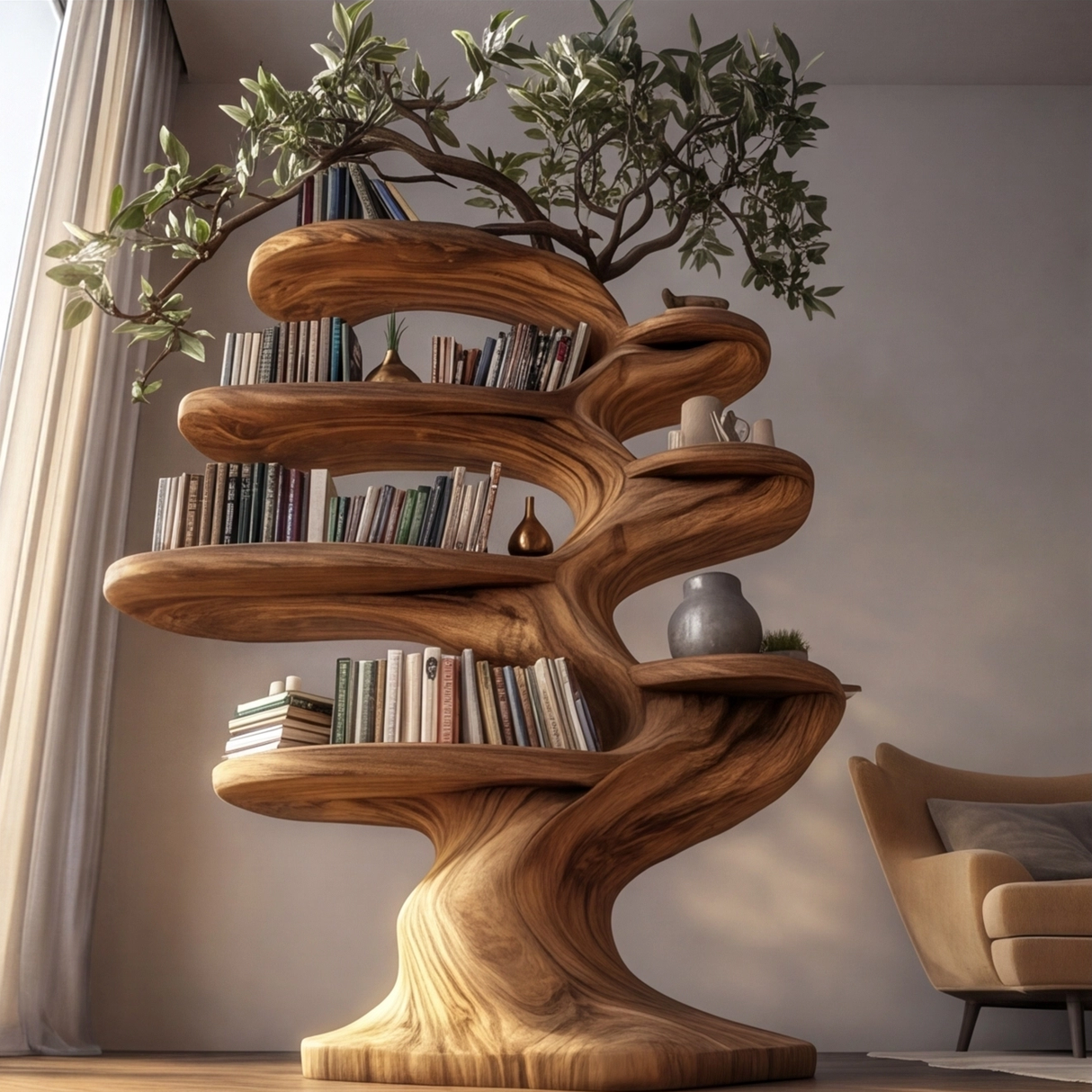 Verdantis Sculpted Solid Wood Tree Bookshelf - Timberustic Tree Bookshelf