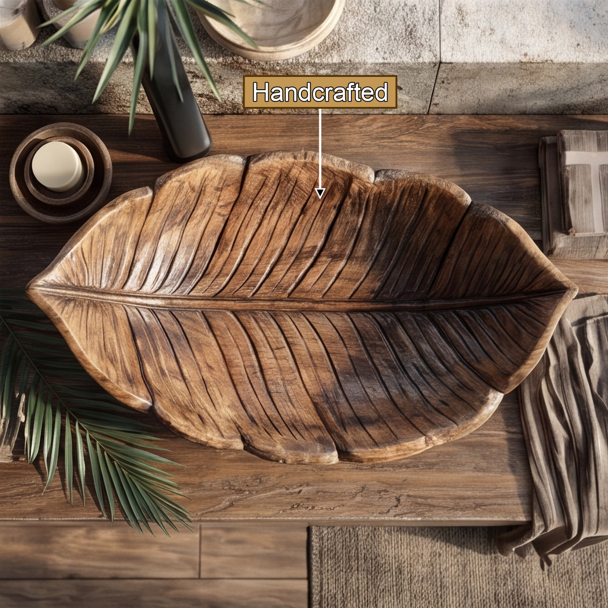 Verdelis Handcrafted Solid Wood Leaf Vessel Sink