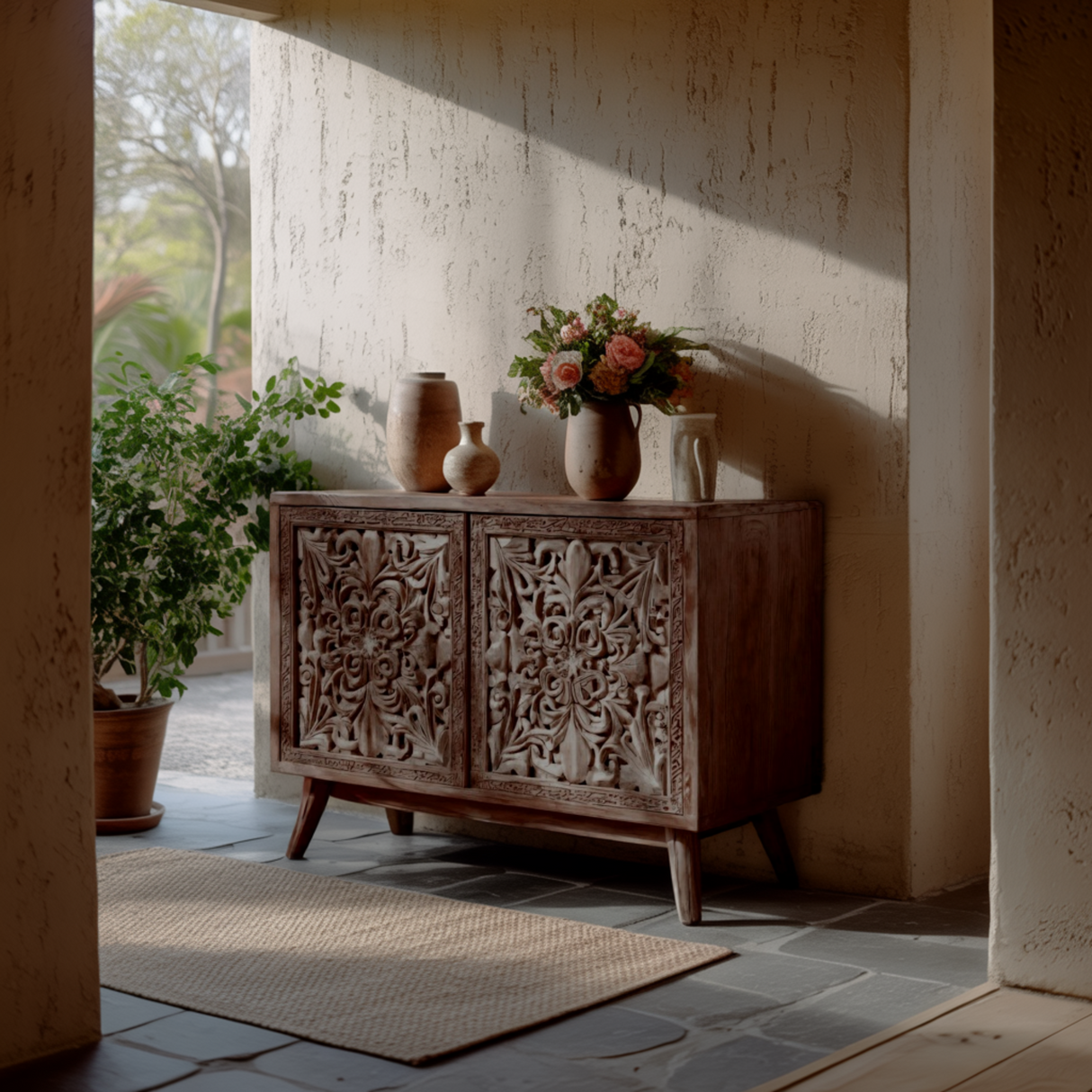 Verdorin Hand-Carved Solid Wood Sideboard Cabinet