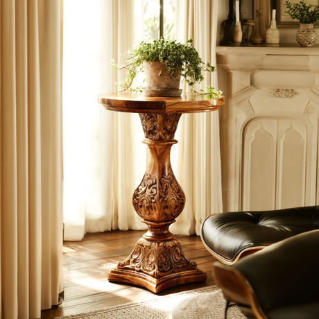 Veridan Sculpted Solid Wood Pedestal Stand - Timberustic Pedestal Stand