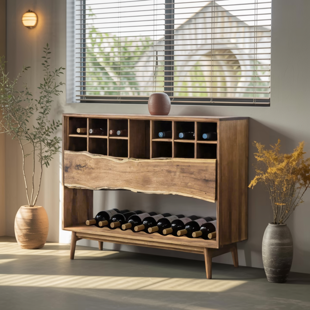 Veyra Live Edge Solid Wood Wine Rack Cabinet – Modern Rustic Bar ...