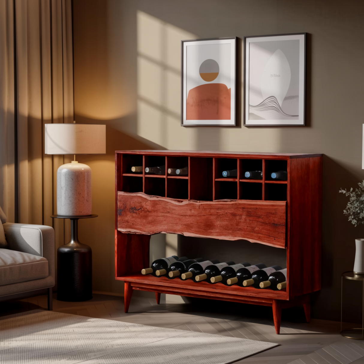 Veyra Live Edge Solid Wood Wine Rack Cabinet