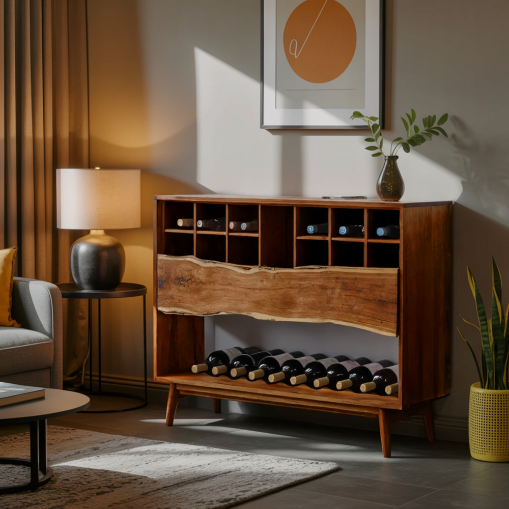 Veyra Live Edge Solid Wood Wine Rack Cabinet – Modern Rustic Bar ...