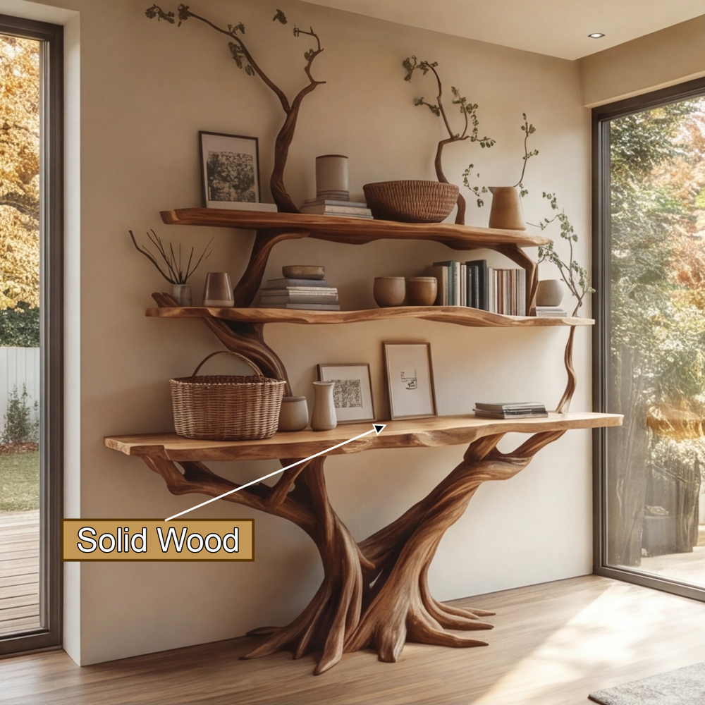 Virelia Sculpted Solid Wood Console Table with Shelves, Organic Modern ...