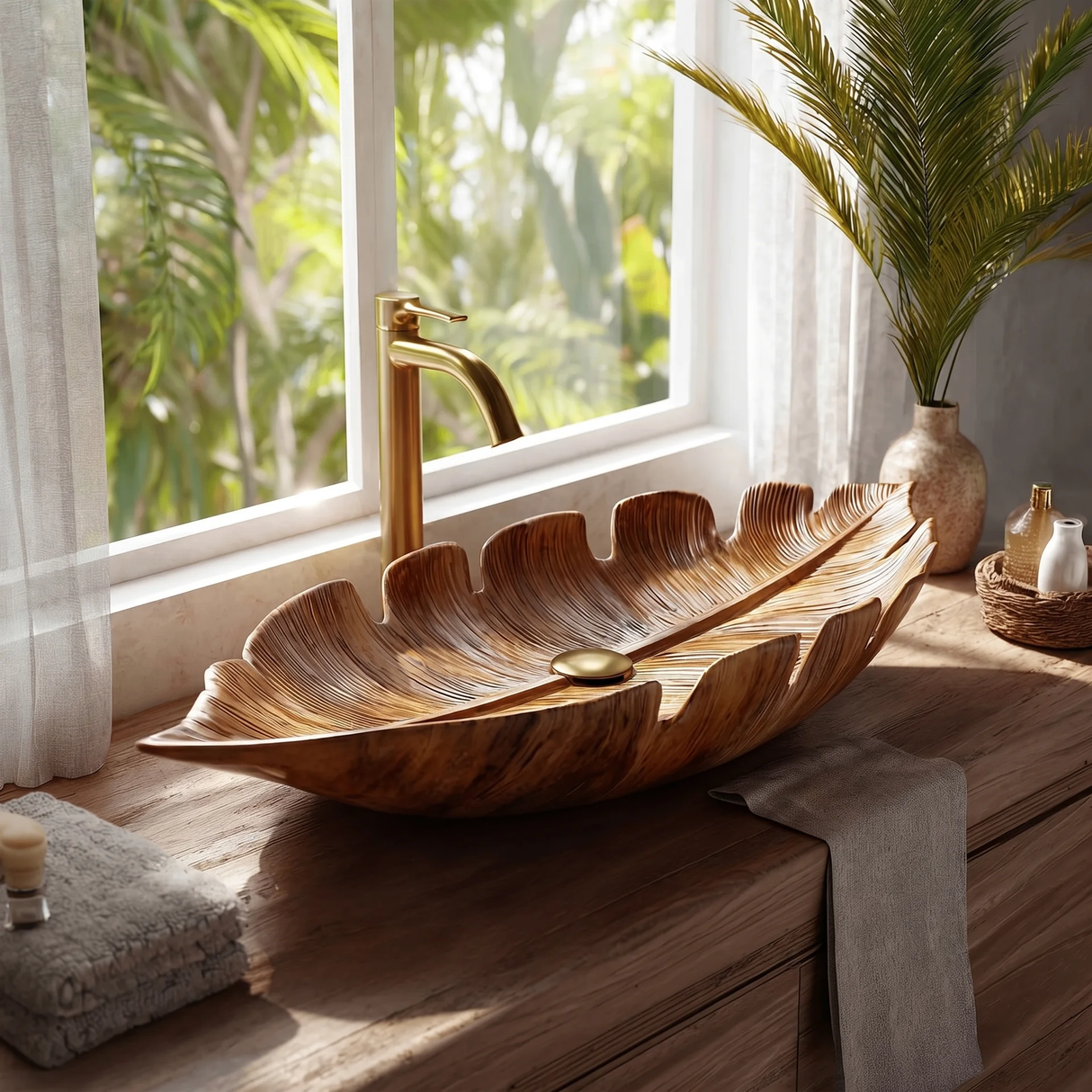Virelith Handcrafted Solid Wood Leaf Vessel Sink