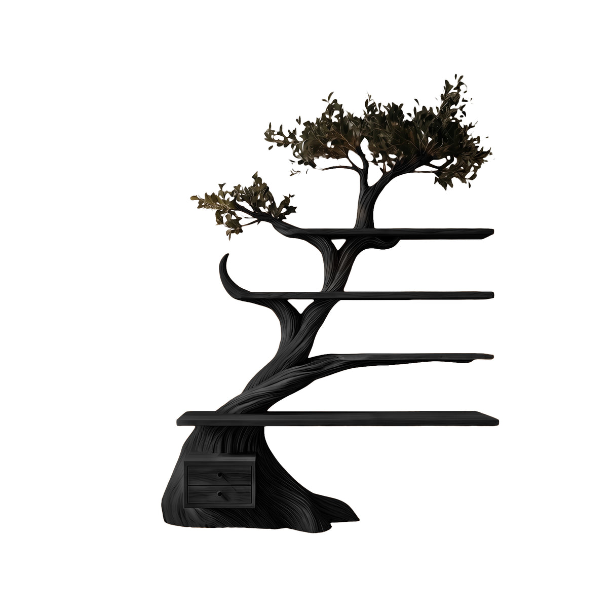 Virelith Sculpted Solid Wood Tree Bookshelf with Drawers Black - Timberustic Tree Bookshelf
