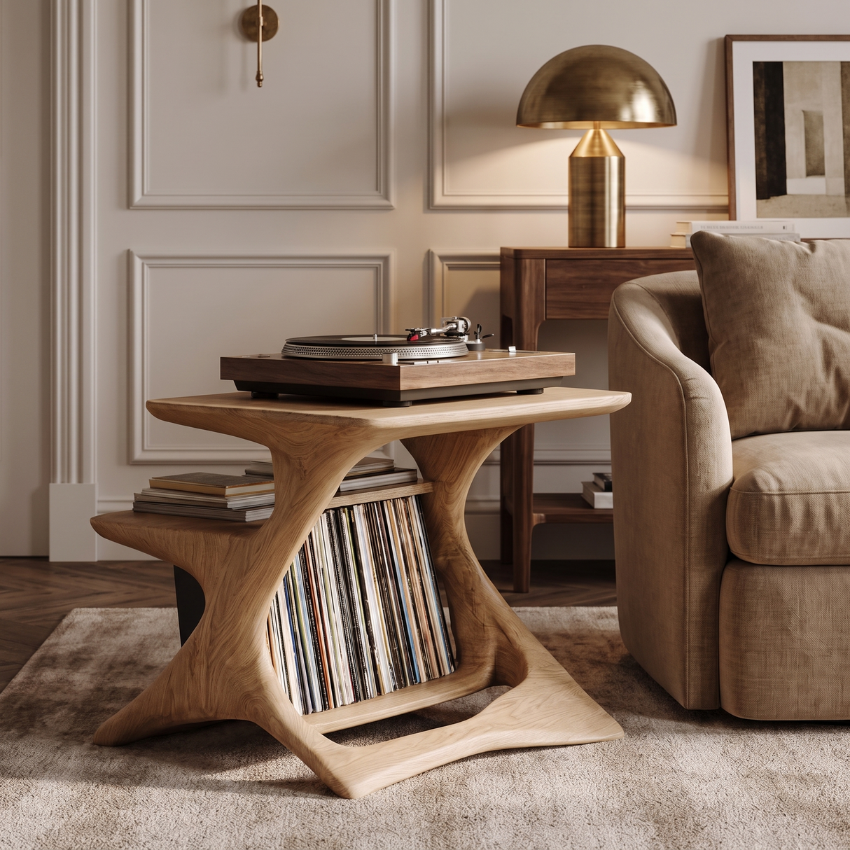 Virellan Handcrafted Solid Wood Record Player Stand Natural Oak - Timberustic Record Player Stand With Storage