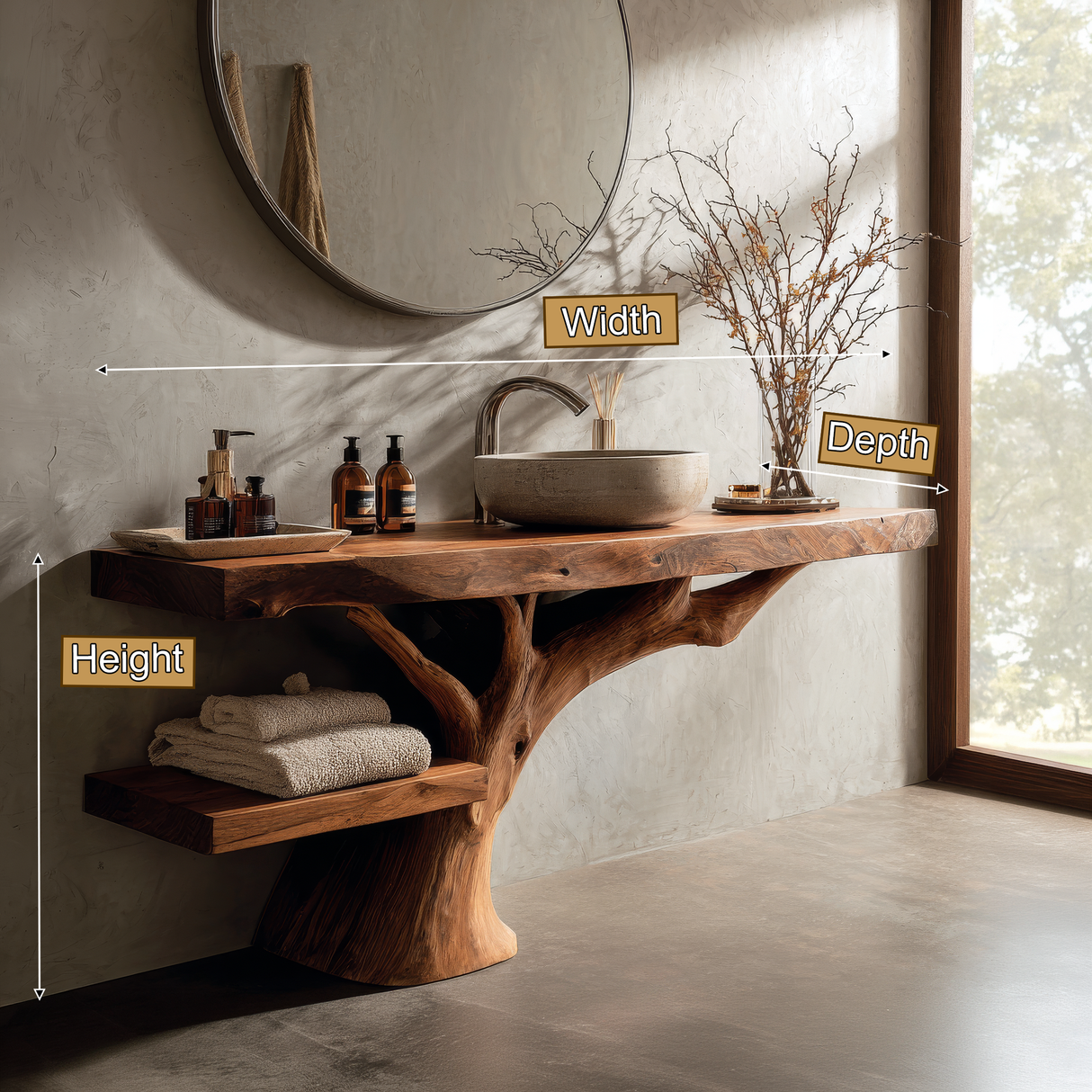Vireon Live Edge Solid Wood Bathroom Vanity with Shelves - Timberustic Freestanding Bathroom Vanity with Shelves