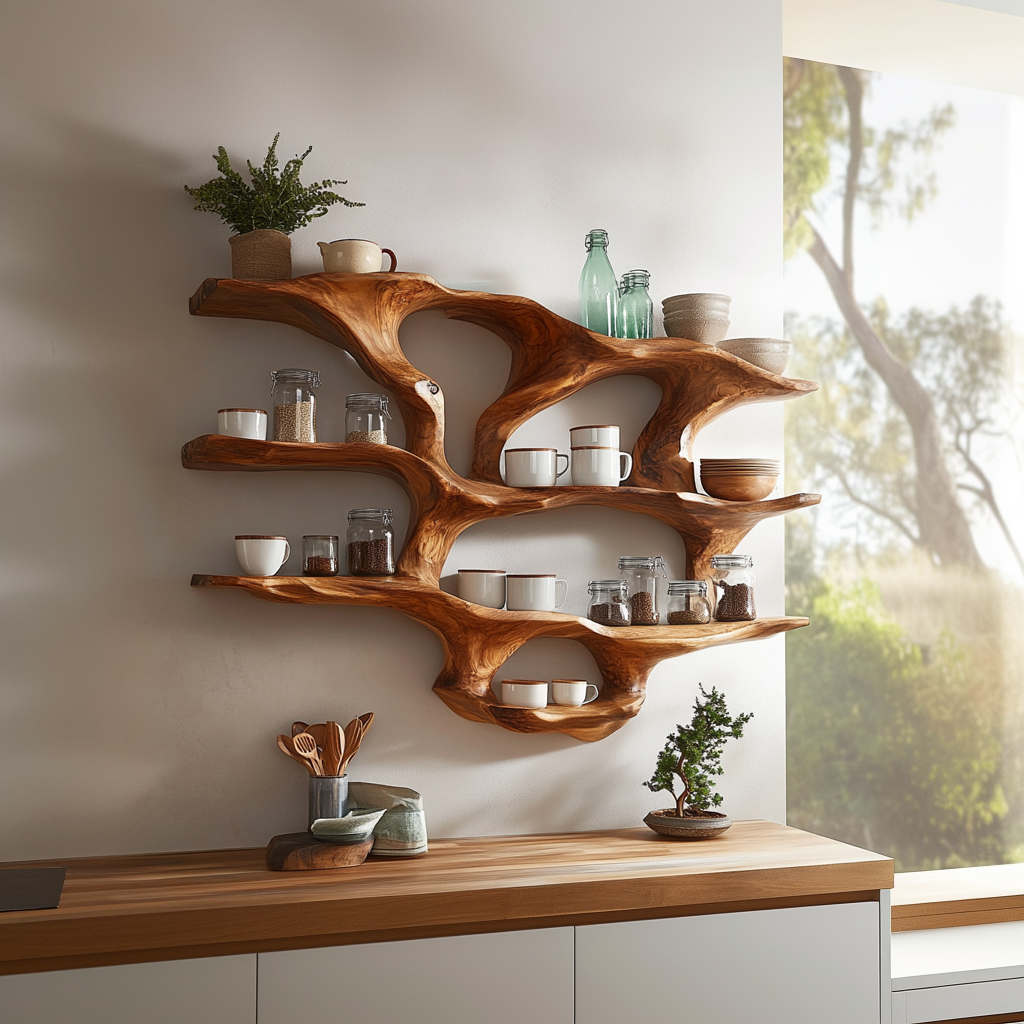 Vireya Live Edge Solid Wood Floating Kitchen Shelf - Timberustic Floating Kitchen Shelf