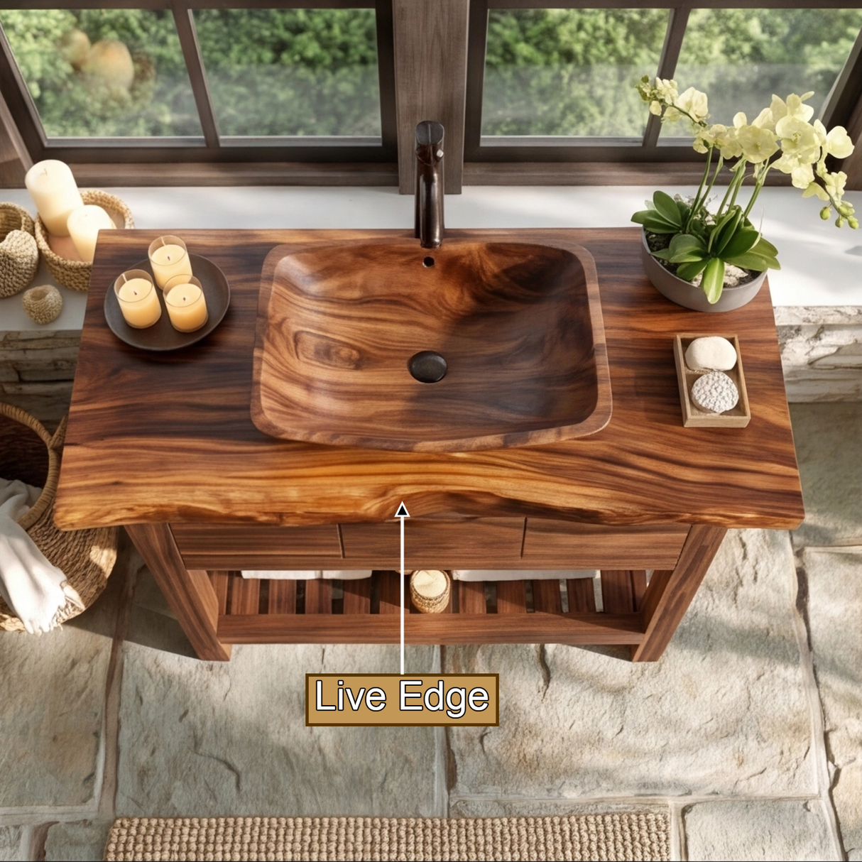 Waldenridge Live Edge Solid Wood Freestanding Bathroom Vanity With Drawers