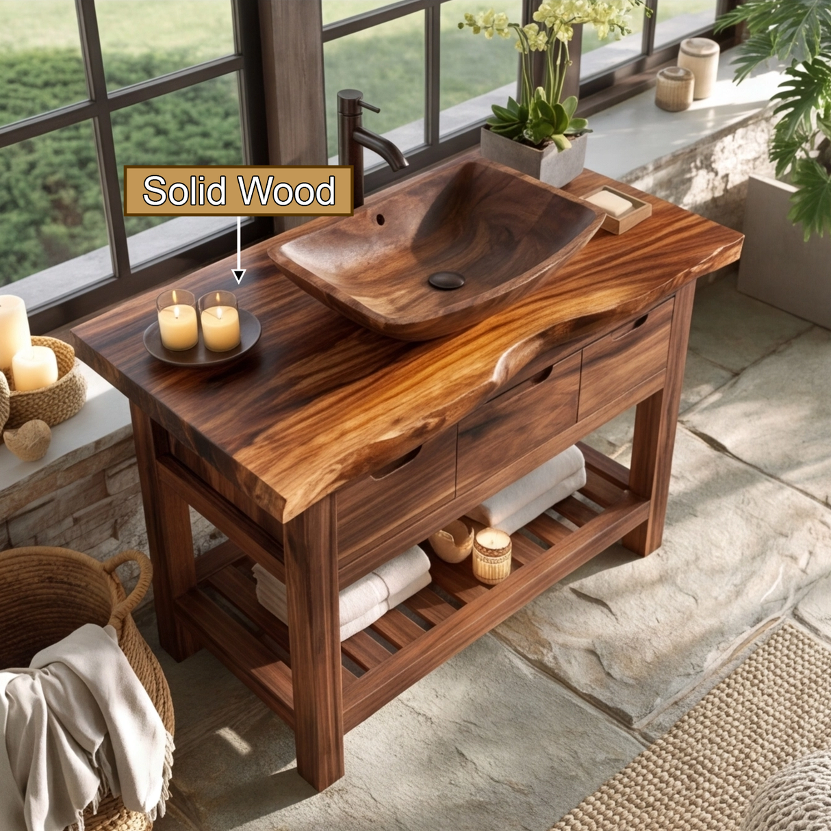 Waldenridge Live Edge Solid Wood Freestanding Bathroom Vanity With Drawers