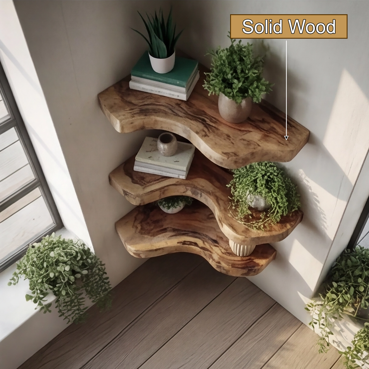 Waveline Live Edge Solid Wood Corner Floating Shelf - Timberustic Floating Shelf