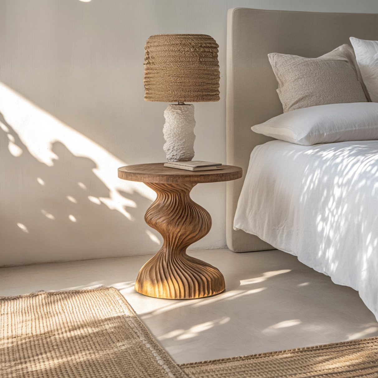 Waveline Sculpted Solid Wood Bedside Table