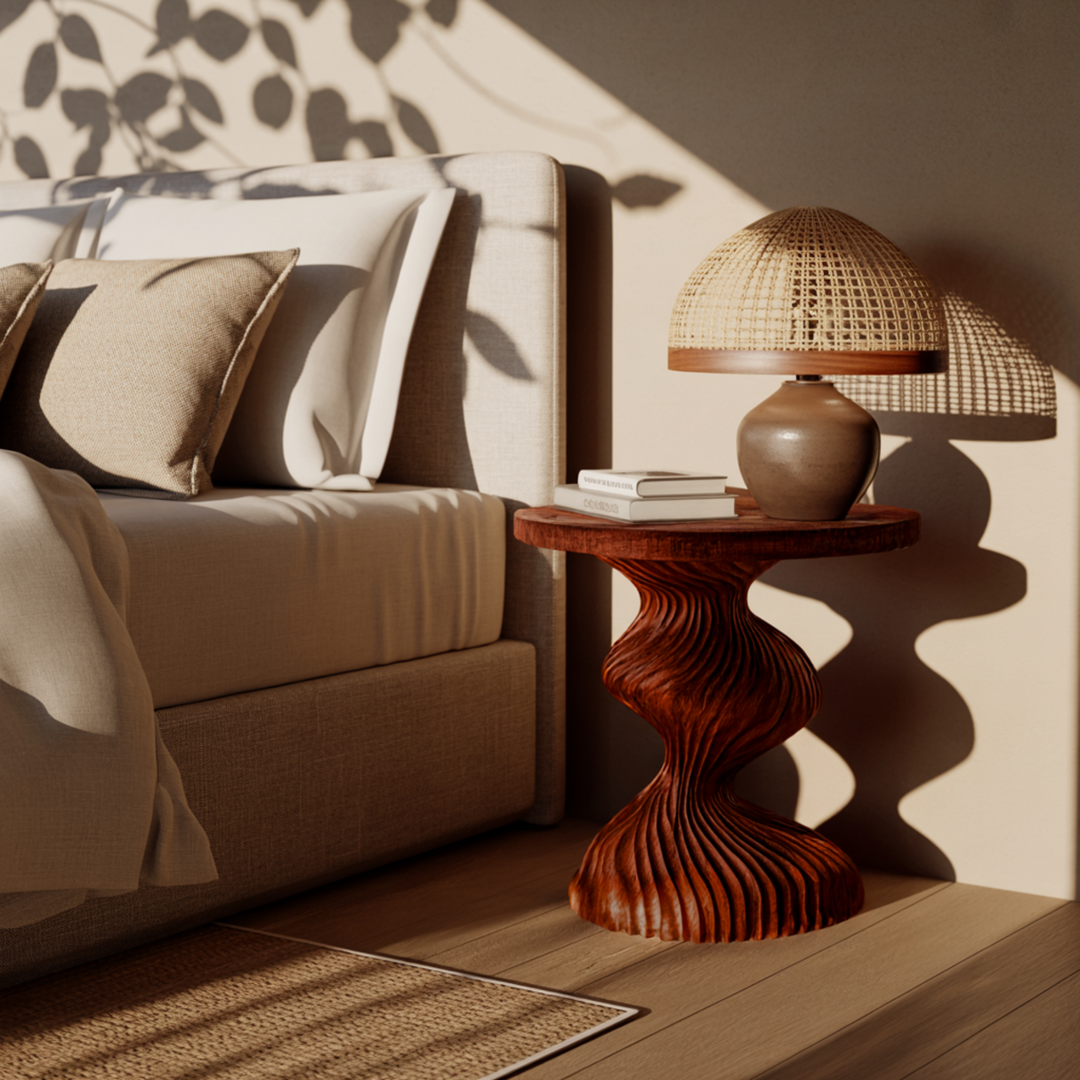 Waveline Sculpted Solid Wood Bedside Table