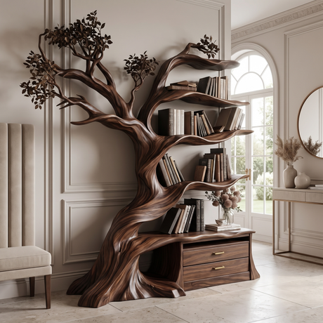 Whispergrove Handcrafted Sculpted Solid Wood Tree Bookshelf with Drawers - Timberustic Tree Bookshelf with Drawers