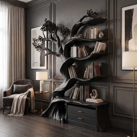 Whispergrove Handcrafted Sculpted Solid Wood Tree Bookshelf with Drawers Black - Timberustic Tree Bookshelf with Drawers