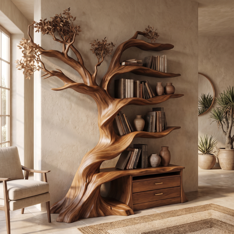 Whispergrove Handcrafted Sculpted Solid Wood Tree Bookshelf with Drawers Brown - Timberustic Tree Bookshelf with Drawers