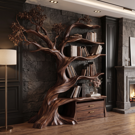 Whispergrove Handcrafted Sculpted Solid Wood Tree Bookshelf with Drawers Dark Walnut - Timberustic Tree Bookshelf with Drawers