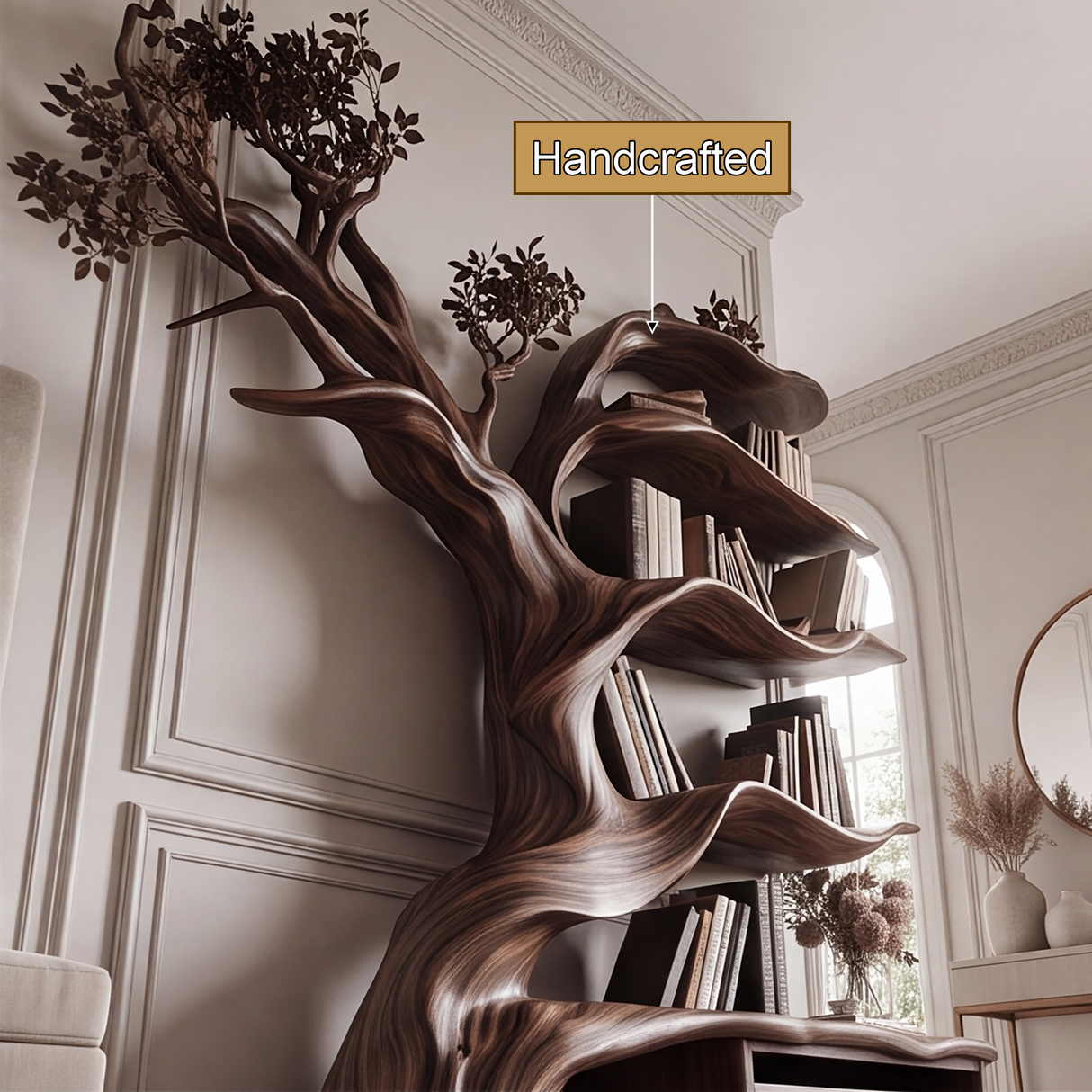 Whispergrove Handcrafted Sculpted Solid Wood Tree Bookshelf with Drawers