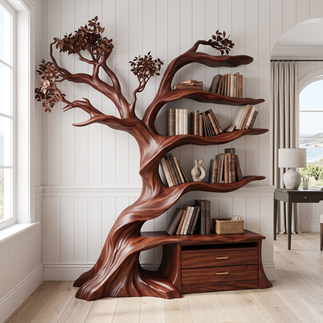 Whispergrove Handcrafted Sculpted Solid Wood Tree Bookshelf with Drawers Mahogany - Timberustic Tree Bookshelf with Drawers