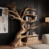 Whispergrove Handcrafted Sculpted Solid Wood Tree Bookshelf with Drawers