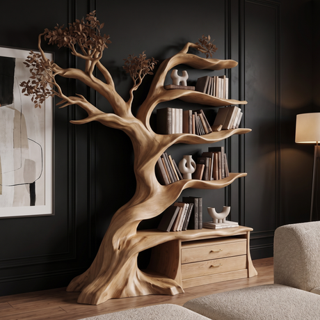 Whispergrove Handcrafted Sculpted Solid Wood Tree Bookshelf with Drawers Natural Oak - Timberustic Tree Bookshelf with Drawers