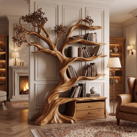 Whispergrove Handcrafted Sculpted Solid Wood Tree Bookshelf with Drawers Teak - Timberustic Tree Bookshelf with Drawers