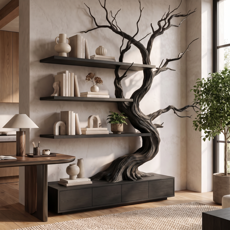 Wildbriar Handcrafted Sculpted Solid Wood Tree Bookshelf with Drawers Black - Timberustic Tree Bookshelf with Drawers