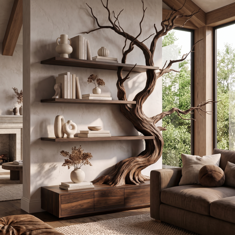 Wildbriar Handcrafted Sculpted Solid Wood Tree Bookshelf with Drawers Dark Walnut - Timberustic Tree Bookshelf with Drawers