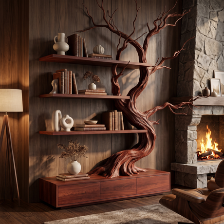 Wildbriar Handcrafted Sculpted Solid Wood Tree Bookshelf with Drawers Mahogany - Timberustic Tree Bookshelf with Drawers