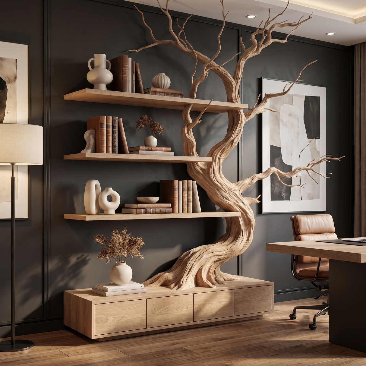 Wildbriar Handcrafted Sculpted Solid Wood Tree Bookshelf with Drawers