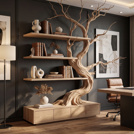 Wildbriar Handcrafted Sculpted Solid Wood Tree Bookshelf with Drawers Natural Oak - Timberustic Tree Bookshelf with Drawers