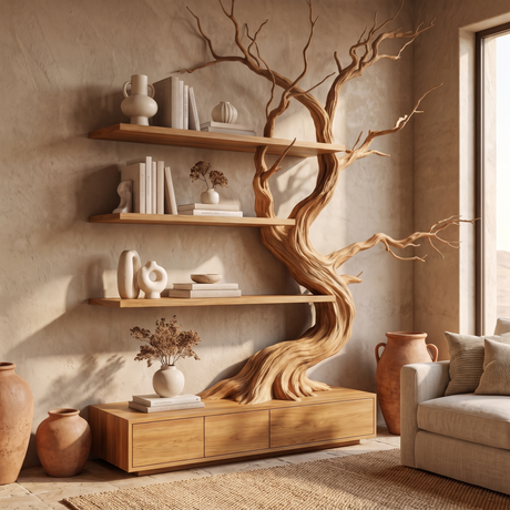 Wildbriar Handcrafted Sculpted Solid Wood Tree Bookshelf with Drawers Teak - Timberustic Tree Bookshelf with Drawers