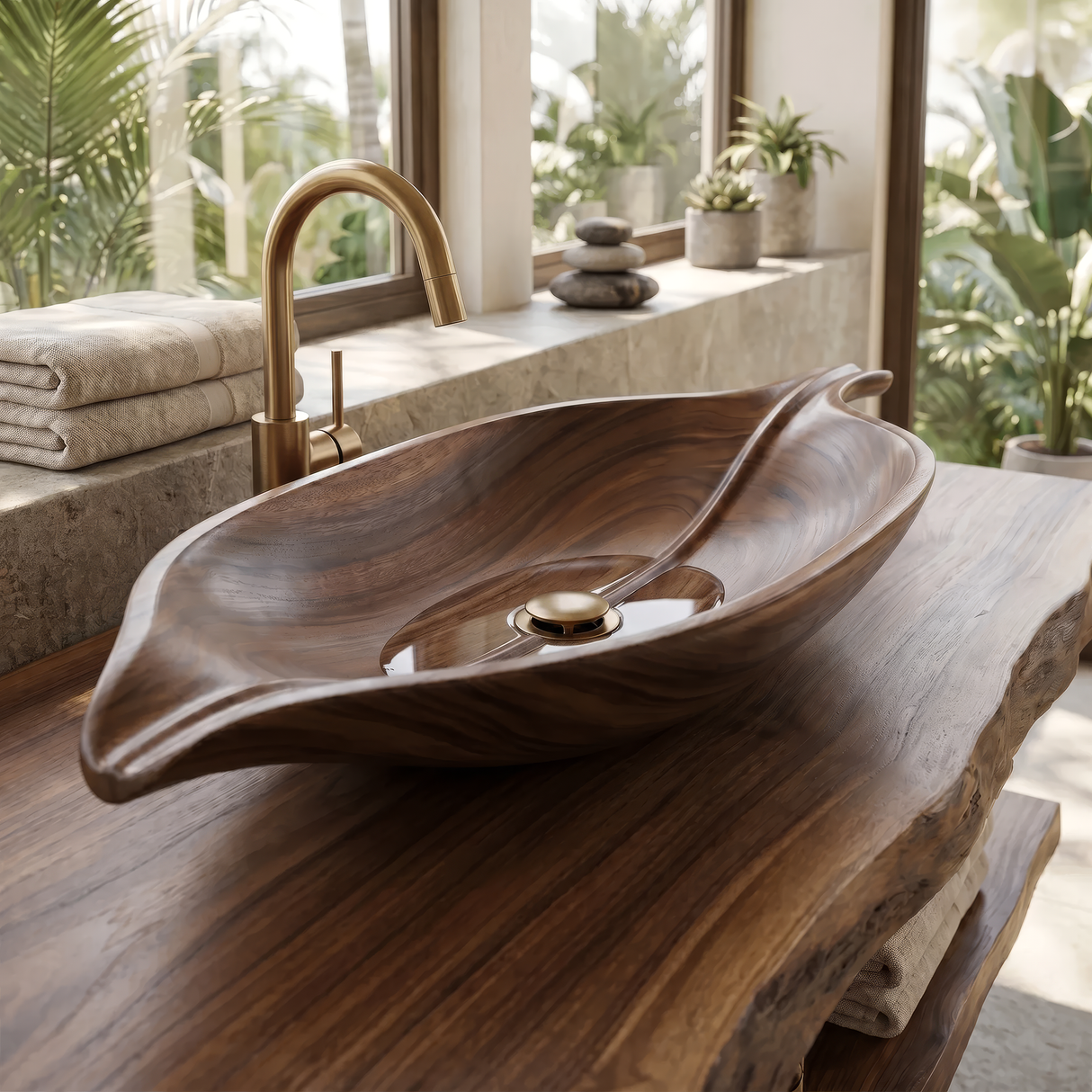 Zephyra Handcrafted Solid Wood Leaf Vessel Sink
