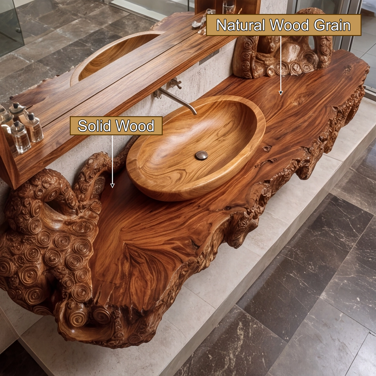 Zephyros Octopus Form Sculpted Solid Wood Floating Bathroom Vanity - Timberustic Floating Bathroom Vanity