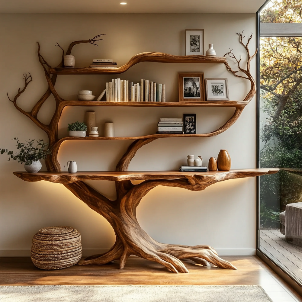 Zerathis Sculpted Solid Wood Console Table with Shelves, Organic Modern ...