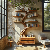Zeravorn Sculpted Solid Wood Tree Bookshelf with Drawers - Timberustic Tree Bookshelf