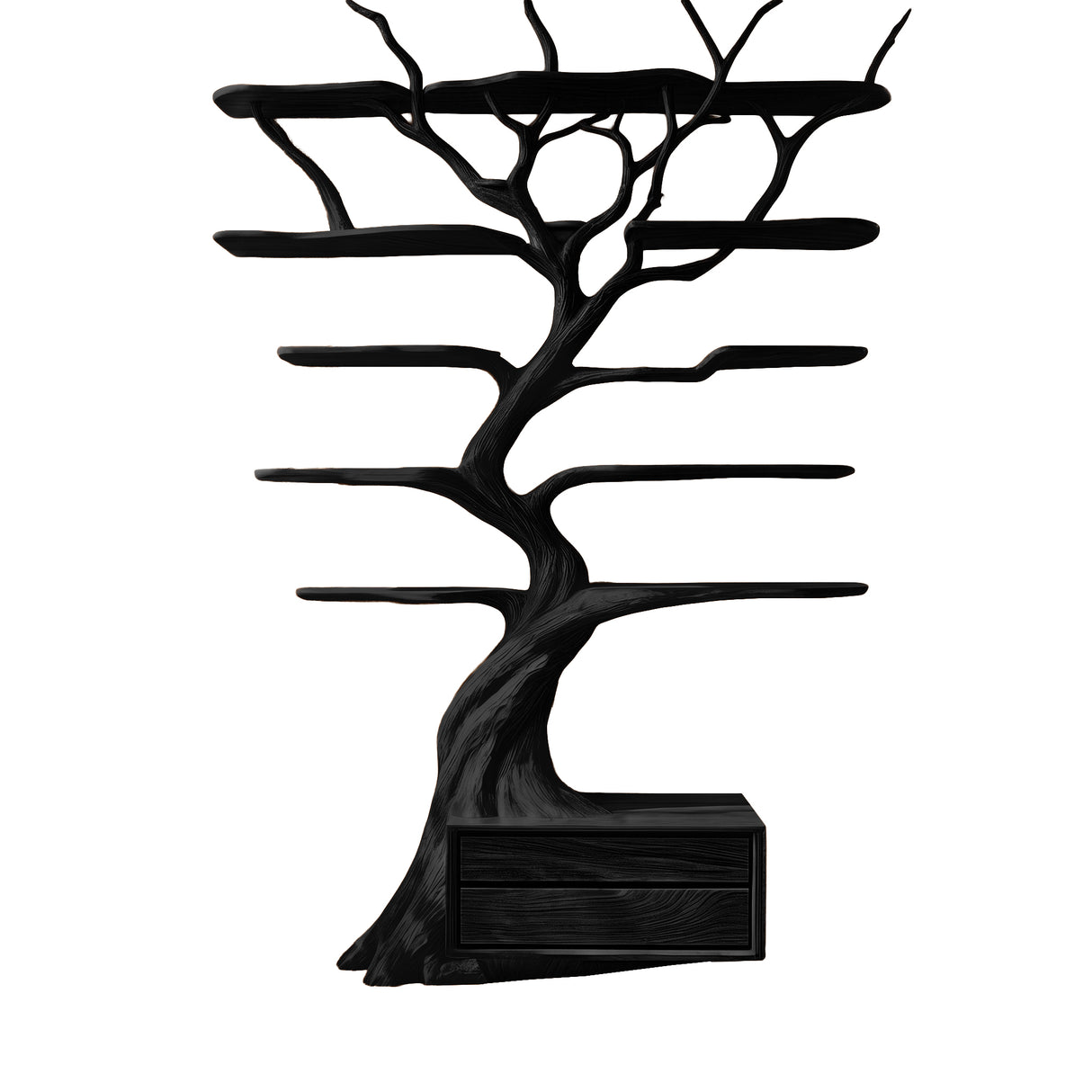 Zeravorn Sculpted Solid Wood Tree Bookshelf with Drawers Black - Timberustic Tree Bookshelf