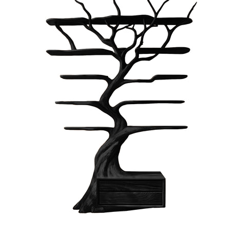 Zeravorn Sculpted Solid Wood Tree Bookshelf with Drawers Black - Timberustic Tree Bookshelf