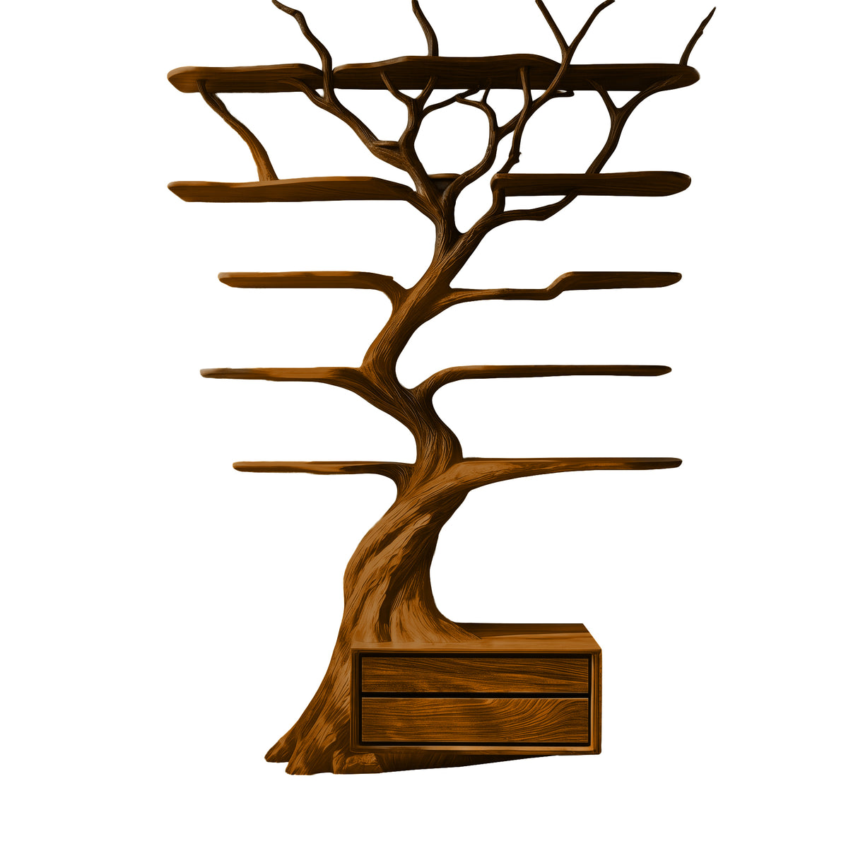Zeravorn Sculpted Solid Wood Tree Bookshelf with Drawers Brown - Timberustic Tree Bookshelf