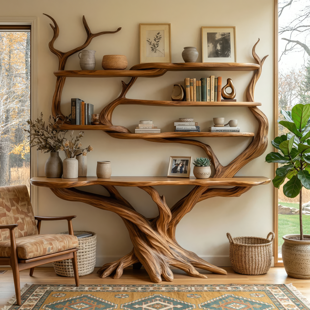 Zerith Sculpted Solid Wood Console Table with Shelves - Timberustic Console Table with Shelves