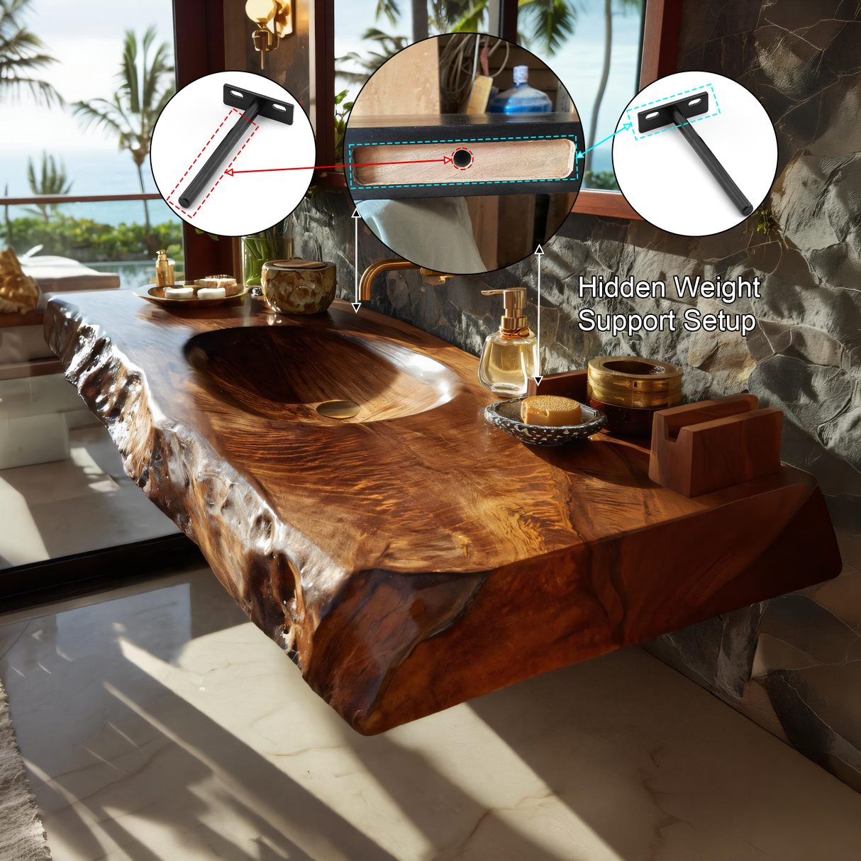 Zerona Live Edge Solid Wood Floating Bathroom Vanity with Integrated Sink SPA353646 - Timberustic Floating Bathroom Vanity with Integrated Sink