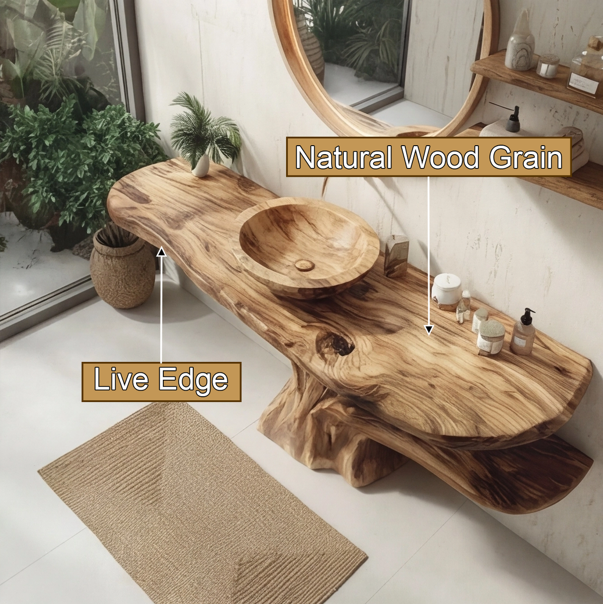 Zerune Live Edge Solid Wood Bathroom Vanity with Shelves - Timberustic Freestanding Bathroom Vanity with Shelves