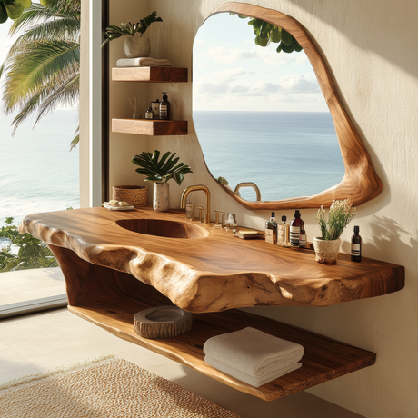 Zerune Live Edge Solid Wood Floating Bathroom Vanity with Integrated Sink and Open Storage - Timberustic Floating Bathroom Vanity with Integrated Sink and Open Storage