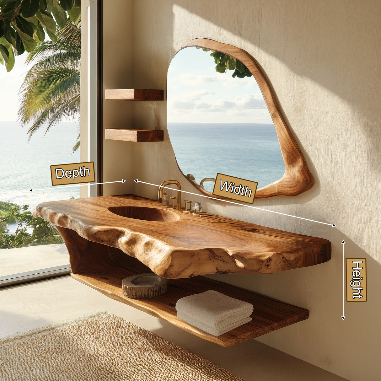 Zerune Live Edge Solid Wood Floating Bathroom Vanity with Integrated Sink and Open Storage - Timberustic Floating Bathroom Vanity with Integrated Sink and Open Storage