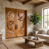 Lunavor Handcrafted Solid Wood Wolf & Raven Double Doors