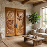Lunavor Handcrafted Solid Wood Wolf and Raven Double Doors Teak - Timberustic Door