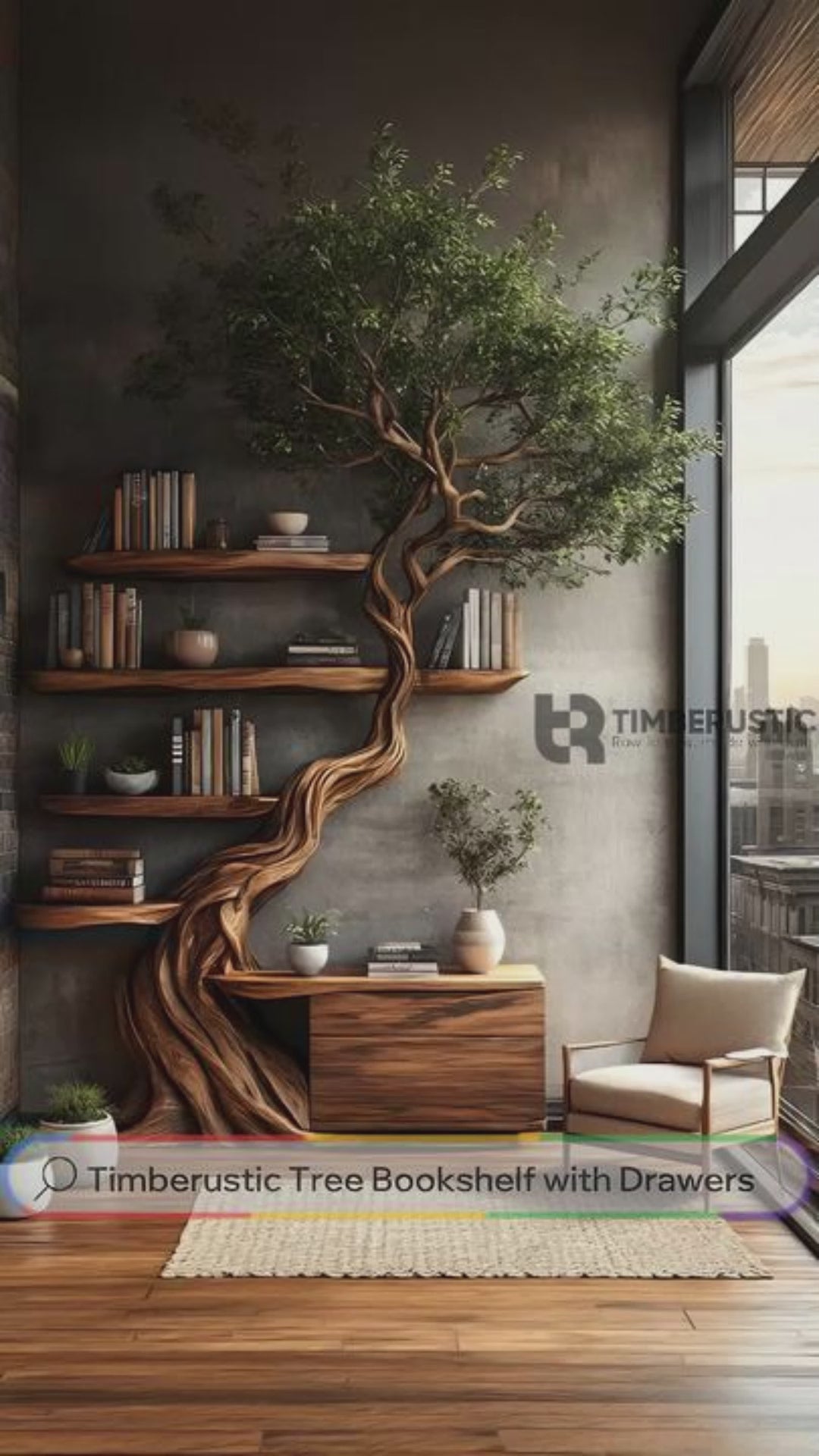 Ravaryn Organic Modern Tree Bookshelf with Drawers
