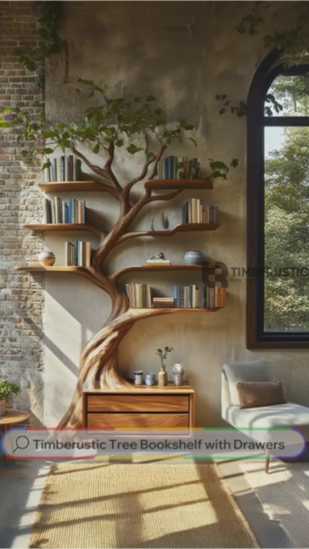 Zeravorn Sculpted Solid Wood Tree Bookshelf with Drawers