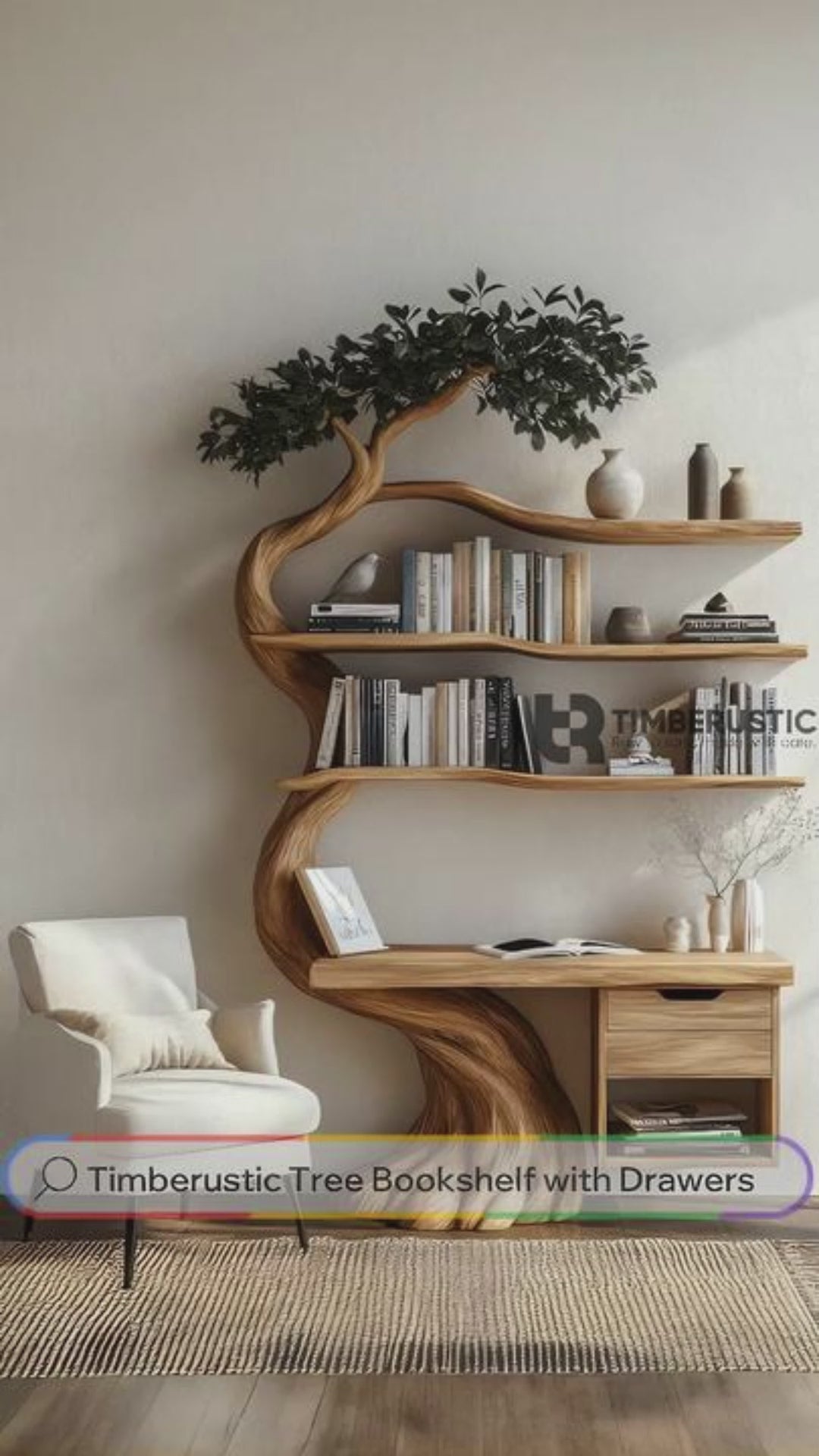 Valtheris Sculpted Solid Wood Tree Bookshelf with Drawers